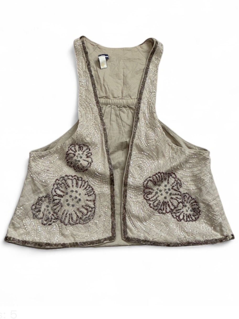 Y2K American Eagle Outfitters Cream Beaded Floral Crop Open Front Vest